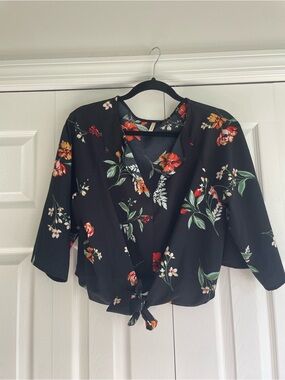 Japna Black Floral Tie-Front Blouse